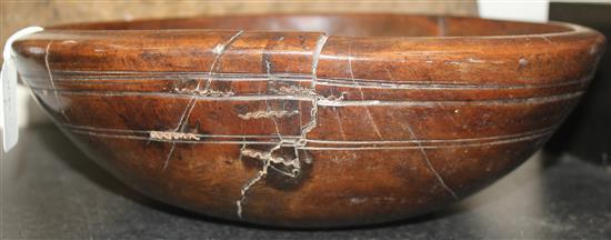 A 19th century turned fruitwood bowl, 14.25in.